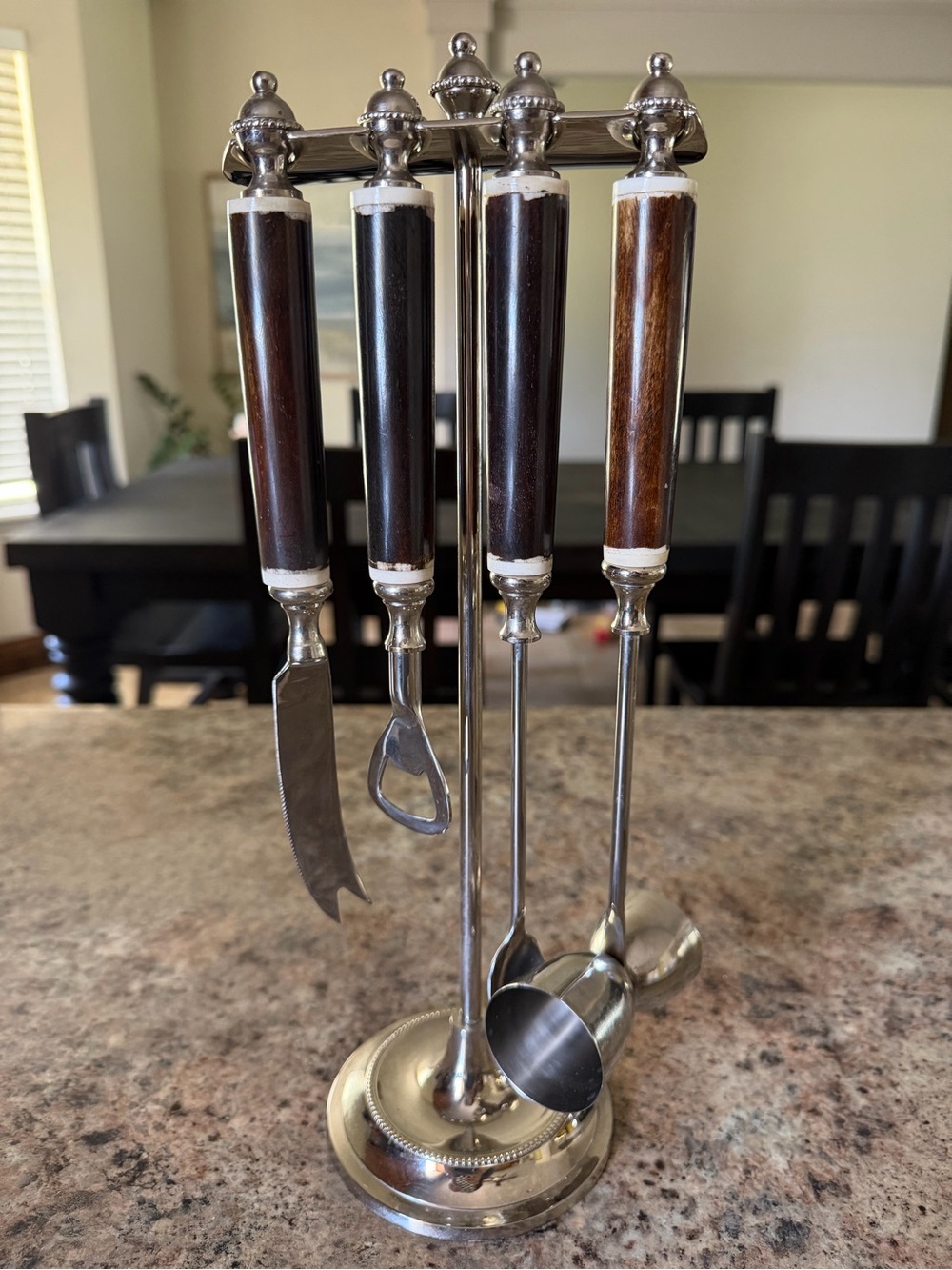 Pottery Barn Brown Wood and Silver Bar Tool Set on Stand